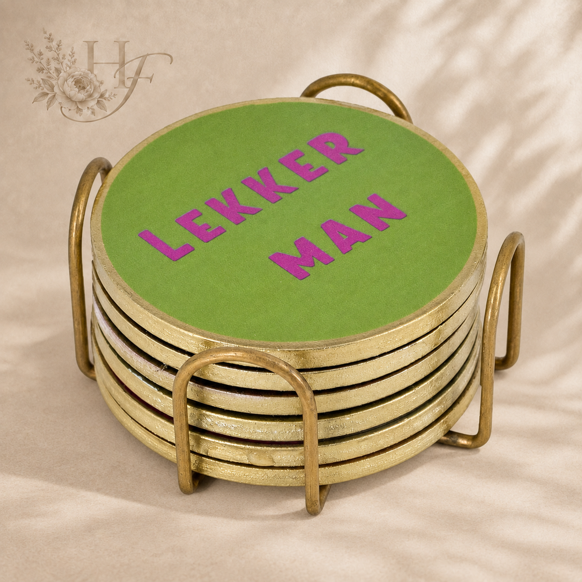 Set of 6 coasters with rack 'Lekker man'