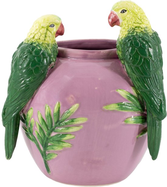 Aardewerk vaas roze met papegaaien