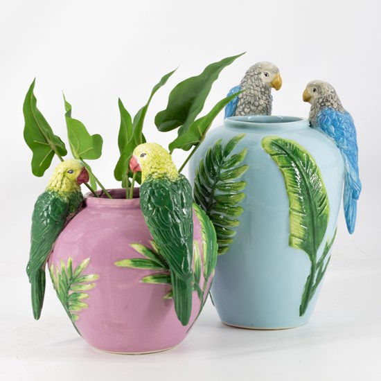 Aardewerk vaas roze met papegaaien