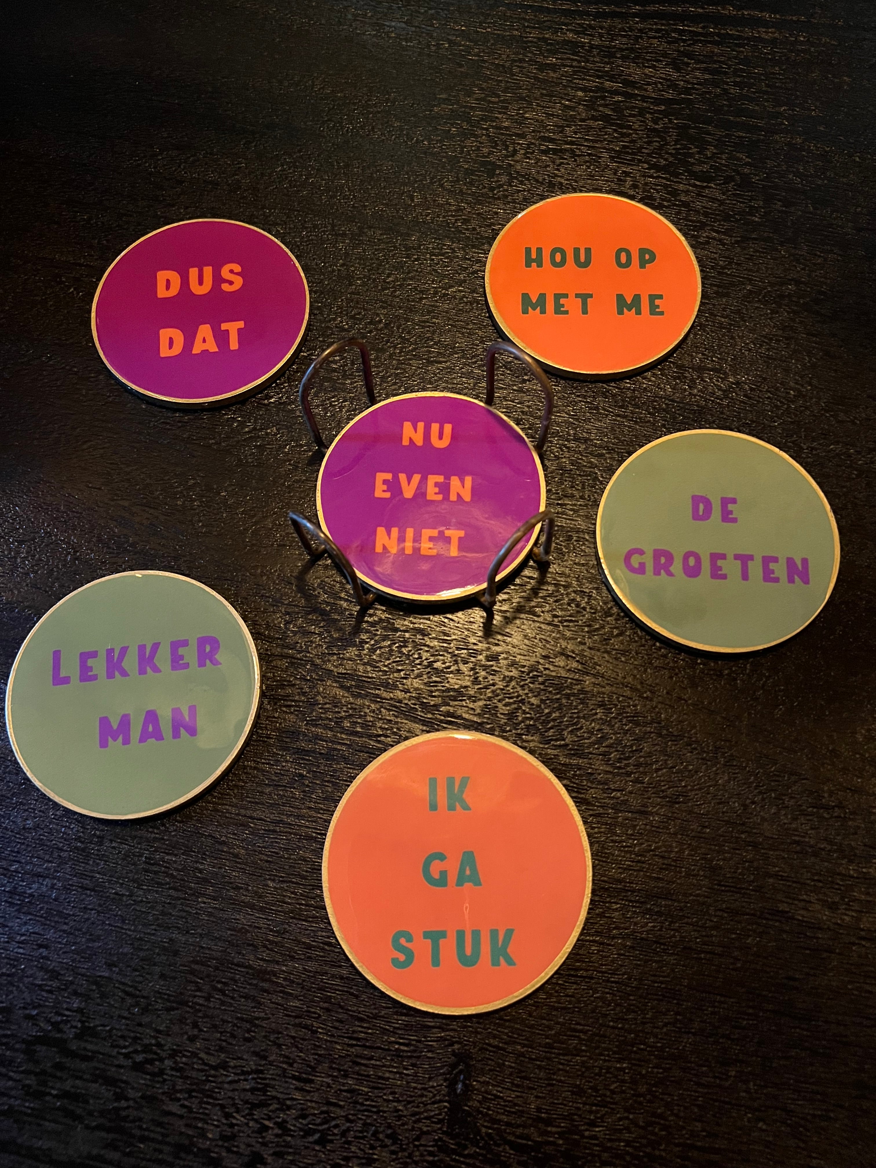 Set van 6 onderzetters met rekje 'Lekker man'