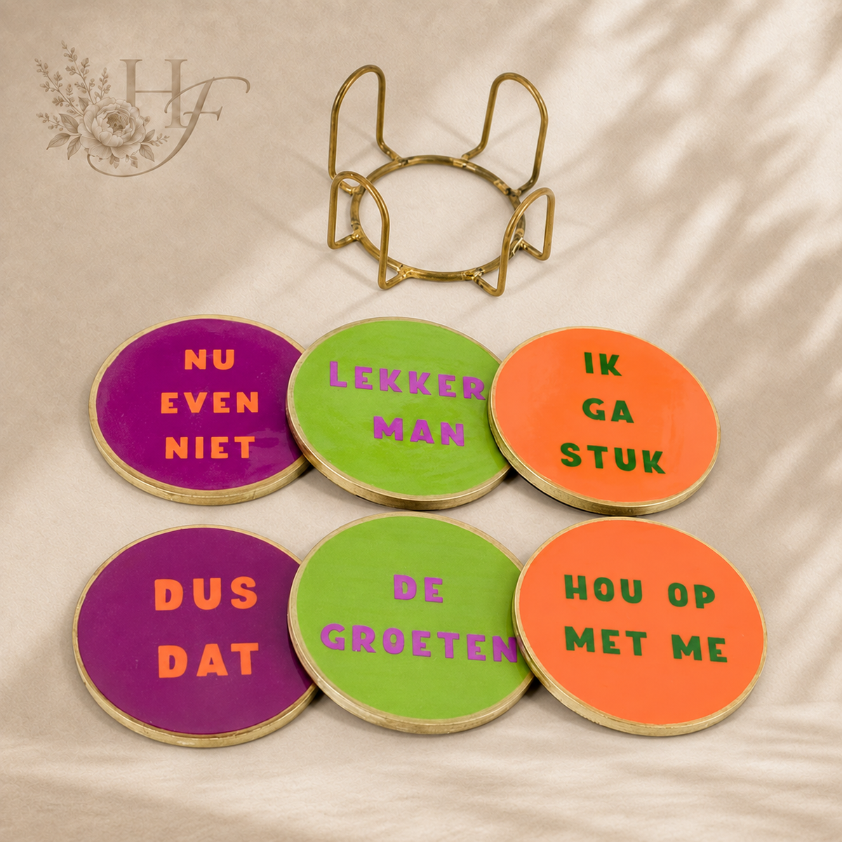 Set of 6 coasters with rack 'Lekker man'
